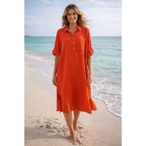 J.Jill Shirt Dress Sz S Poppy Red Soft Cotton Gauze Midi Abalone Buttons Pockets